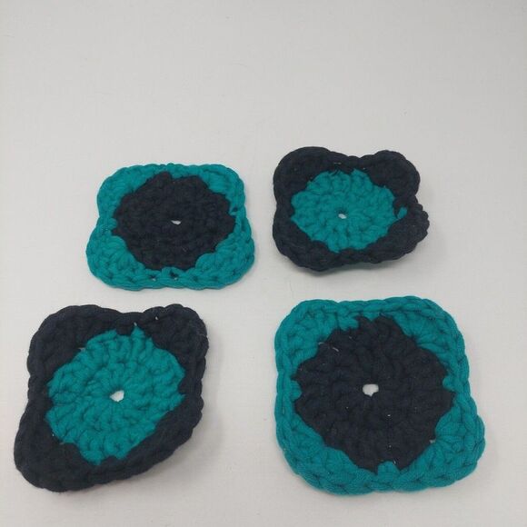 Handmade Crochet Coasters Teal Blue And Black Set Of 4 Square Coasters - Picture 6 of 6